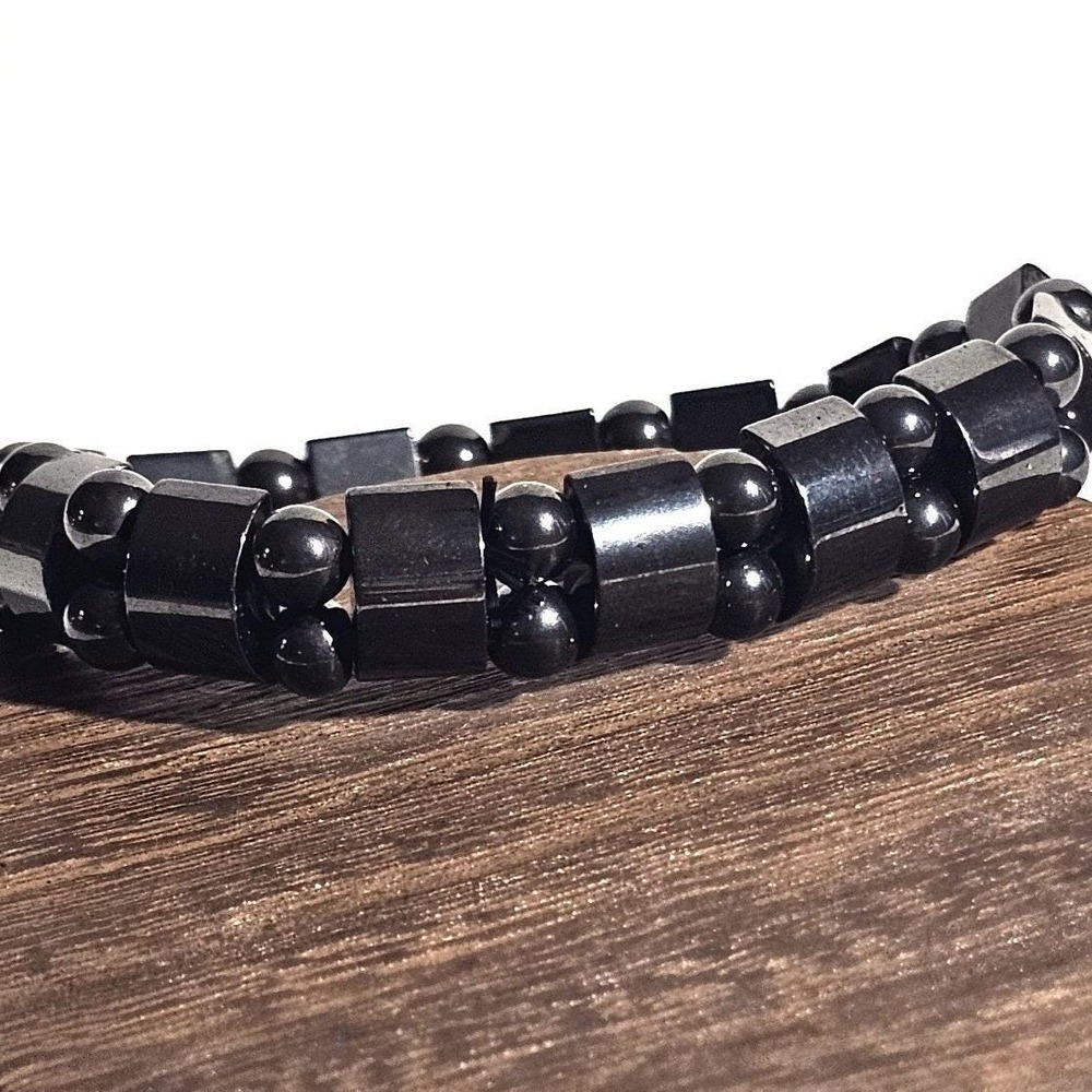 Black Magnetic Hematite Stretch Bracelet Geometric Block and Bead Design